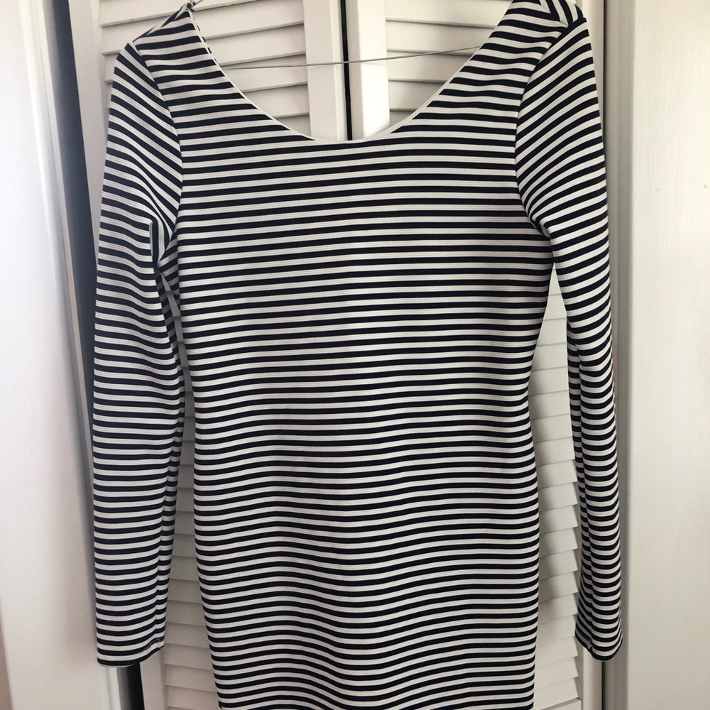 Navy and white striped bodycon dress.